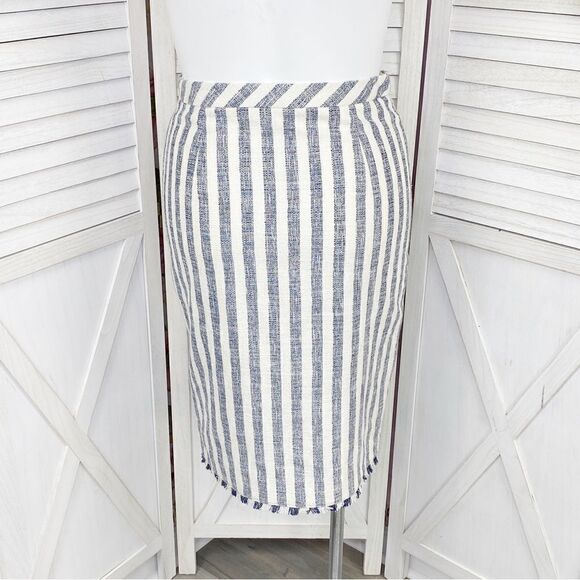 Banana Republic Striped Tweed Midi Skirt Fringe Trim Pencil Blue White Size 10 - Picture 5 of 13